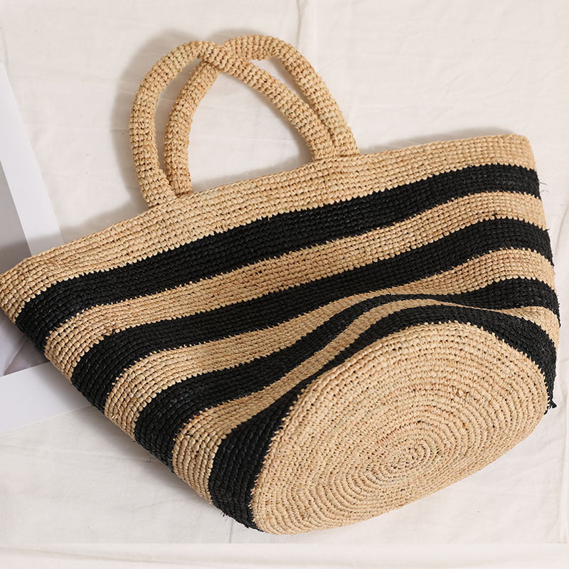 Raffia Large-Capacity Woven Tote Bag  Handcrafted Striped Open-Top Straw Handbag for Daily Use & Travel