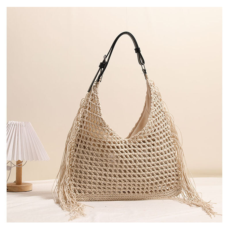 Fashionable Tassel Shoulder Raffia Bag  Large Capacity Hollow Weave Tote for Beach, Vacation & Everyday Use