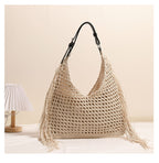 Fashionable Tassel Shoulder Raffia Bag  Large Capacity Hollow Weave Tote for Beach, Vacation & Everyday Use