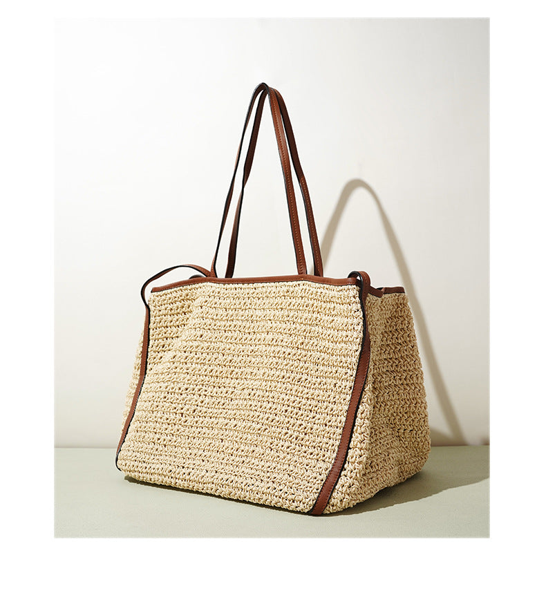 Leather Raffia Straw Tote Bag  Large Woven Shoulder & Crossbody Handbag with Lock Closure, Classic Everyday Work Bag