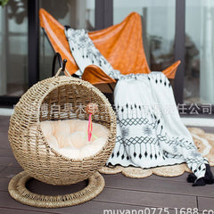 Handwoven Seagrass Hanging Cat Bed  Semi-Enclosed Cat Hammock with Cushion, Natural Pet Basket for Indoor Rest & Play