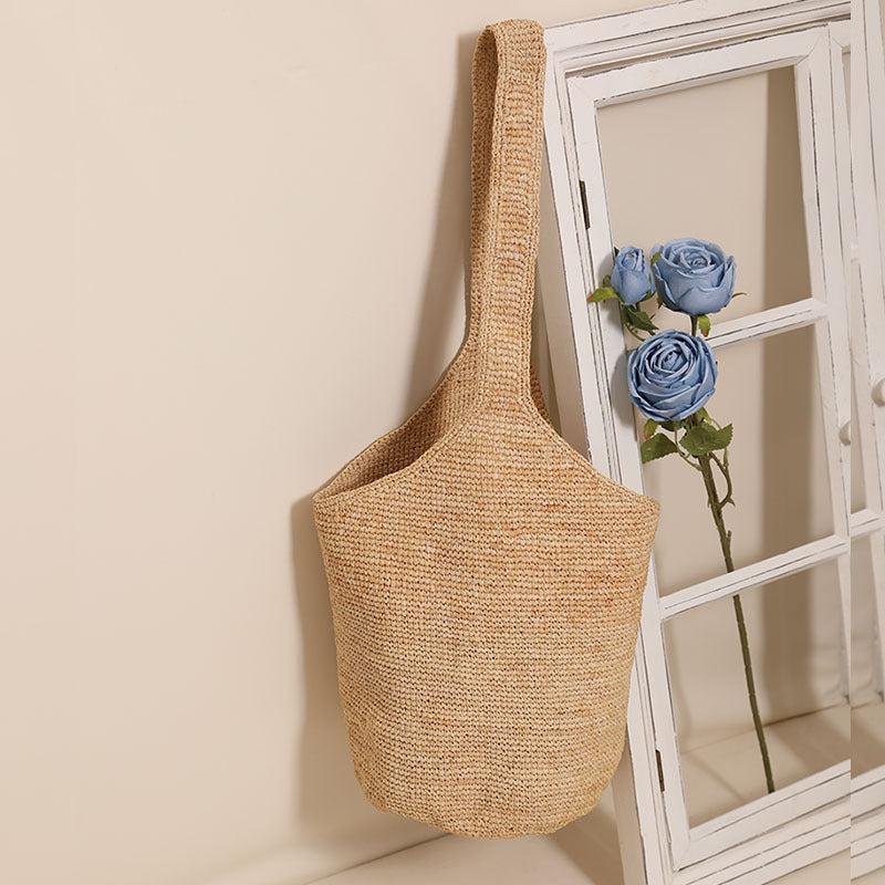 Raffia Straw Bucket Shoulder Bag  Medium Open-Top Woven Tote, Single-Strap Summer Carryall for Daily & Beach Outfits