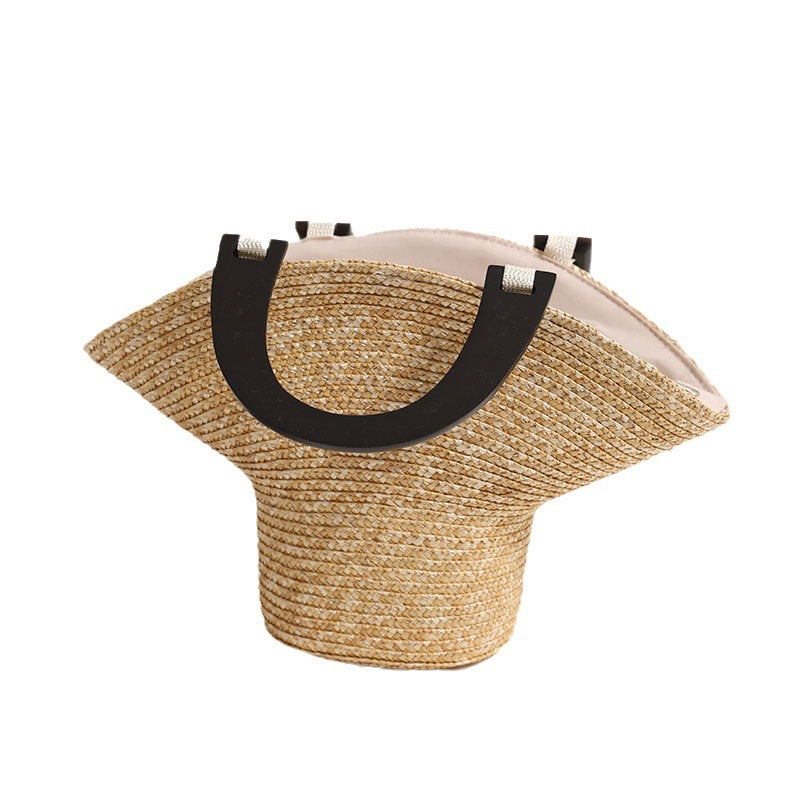 Wood Handle Straw Barrel Bag  Hat-Shape Woven Shoulder Handbag for Vacation Beach & Everyday Outfits