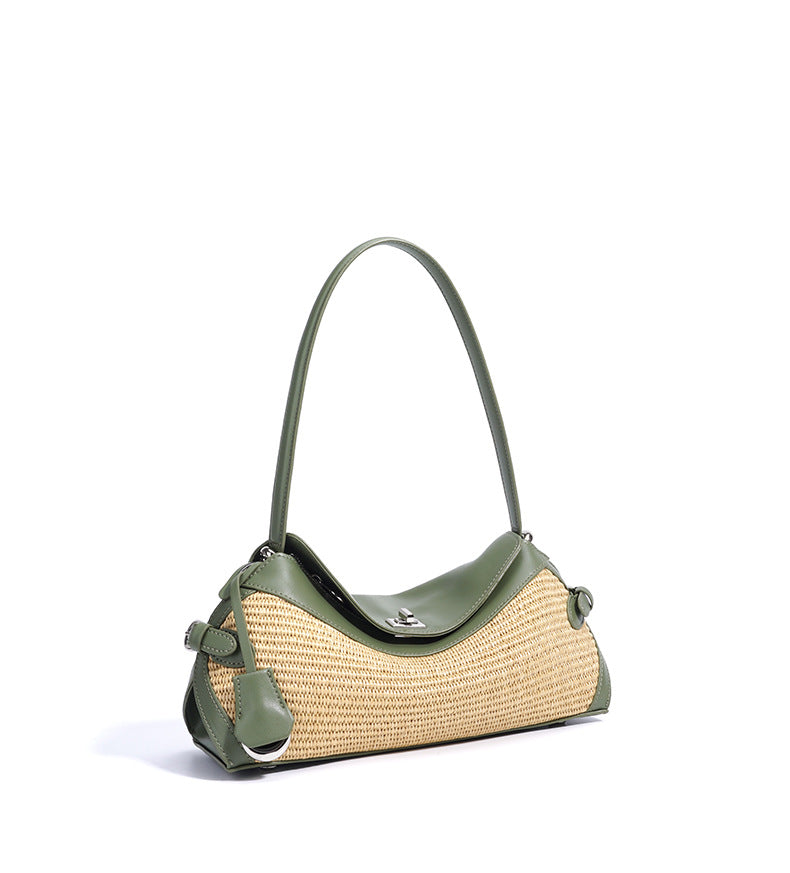 Leather & Straw Shoulder Bag  Soft Cowhide and Woven Underarm Crossbody, Medium Zipper Beach & City Tote