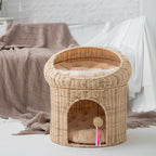 Breathable Woven Double-Layer Cat House with Cushion  All-Season Semi-Enclosed PP Rattan Pet Bed