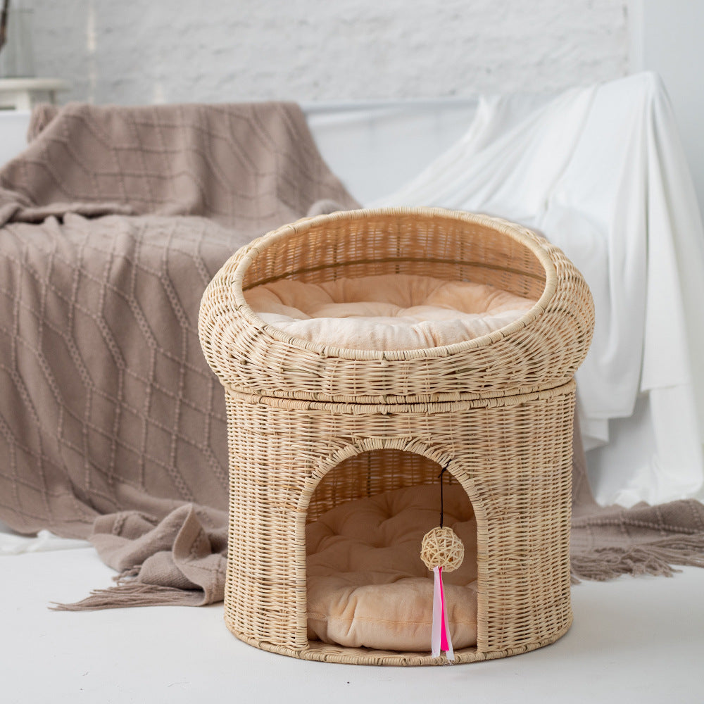 Breathable Woven Double-Layer Cat House with Cushion  All-Season Semi-Enclosed PP Rattan Pet Bed