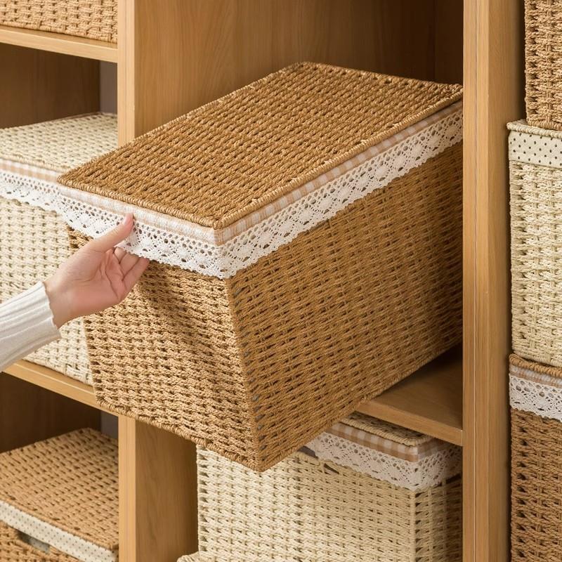 Lidded Paper Rope Woven Storage Baskets Set of 4  Closet Clothes & Misc Organizer Boxes with Washable Lining