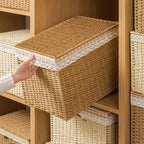 Lidded Paper Rope Woven Storage Baskets Set of 4  Closet Clothes & Misc Organizer Boxes with Washable Lining