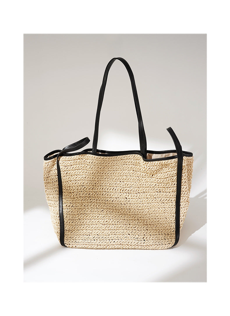 Leather Raffia Straw Tote Bag  Large Woven Shoulder & Crossbody Handbag with Lock Closure, Classic Everyday Work Bag