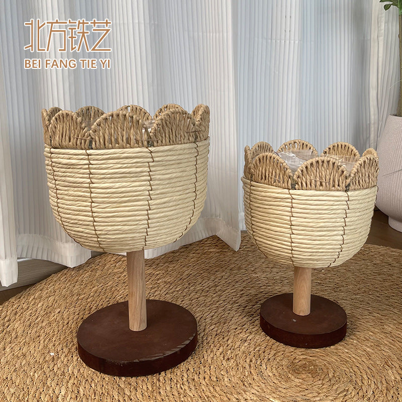 Handwoven Standing Seagrass Planter Basket Set with Pedestal Base  Decorative Indoor Floor Flower Pot Holder (Set of 2)