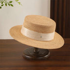 Handmade Silk Hemp Straw Hat with Ultra-Fine Crochet, Raffia Four-Leaf Clover Pendant, Flat Brim, Summer Sun Protection for Girls