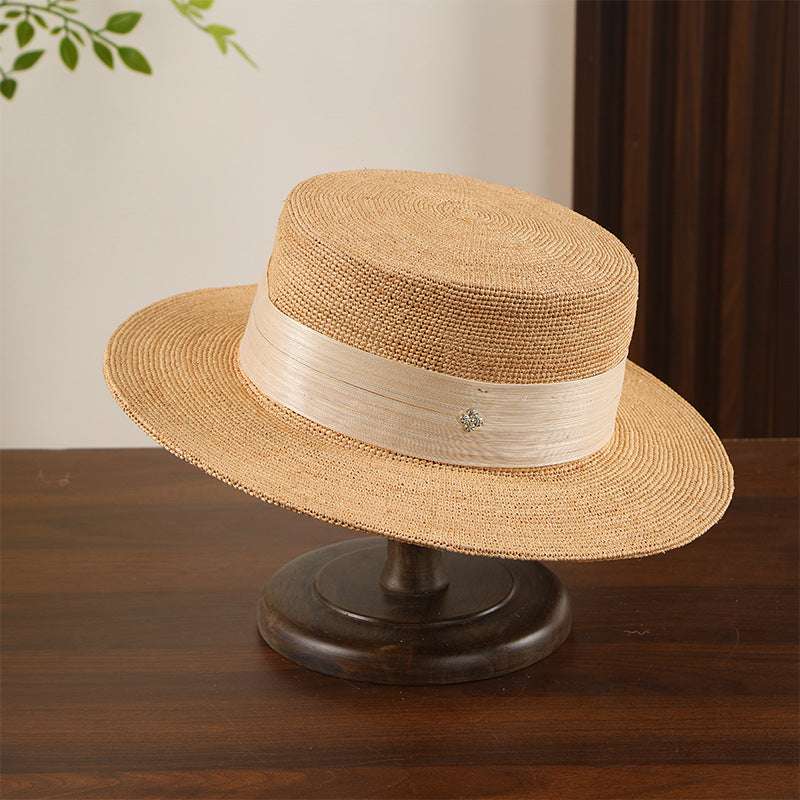 Handmade Silk Hemp Straw Hat with Ultra-Fine Crochet, Raffia Four-Leaf Clover Pendant, Flat Brim, Summer Sun Protection for Girls