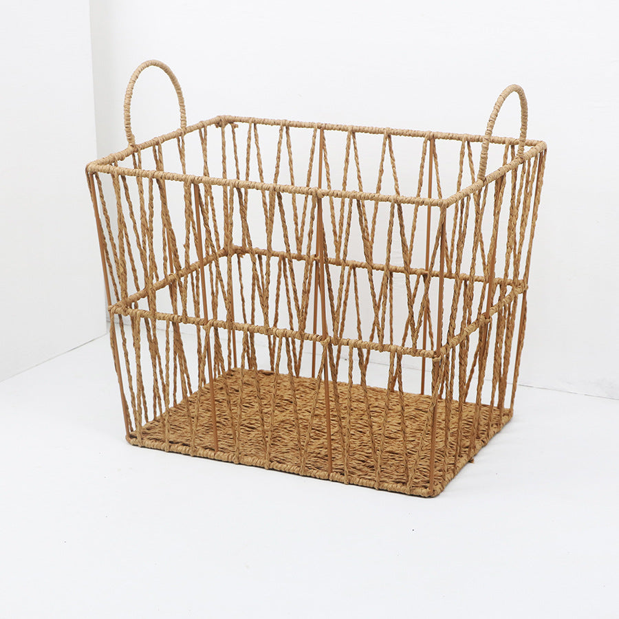 Handwoven Paper Rope Storage Basket with Handles  Breathable Hollow Design Organizer for Towels, Clothes, Toys & Daily Essentials