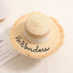 Raffia Straw Flat Top Sun Hat with Ribbon  Wide Brim Beach Vacation Hat for Women