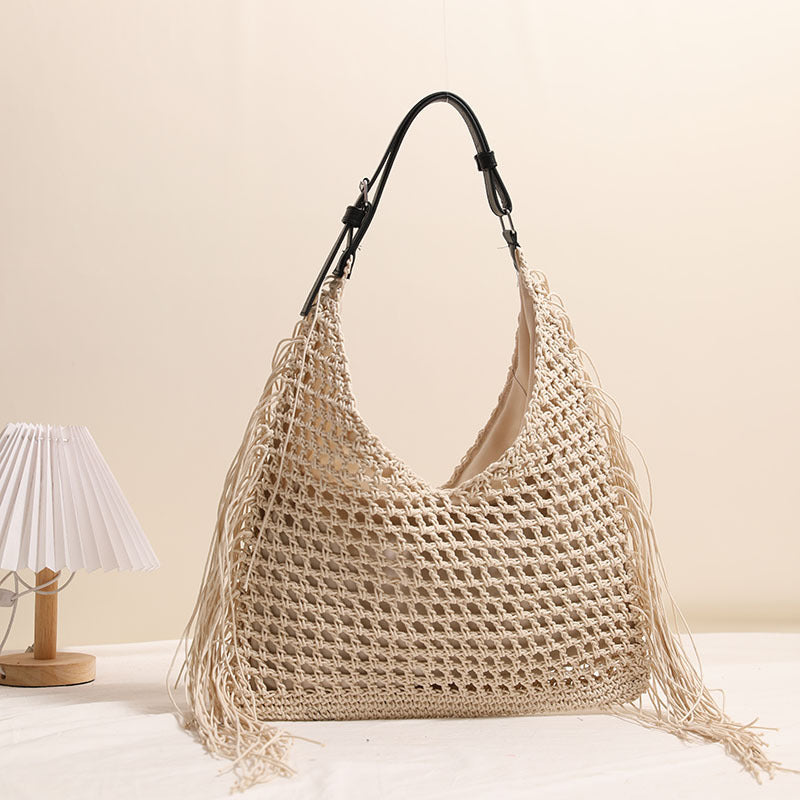 Fashionable Tassel Shoulder Raffia Bag  Large Capacity Hollow Weave Tote for Beach, Vacation & Everyday Use