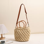 French-Style Cotton Crossbody Woven Bag  New Wooden Handle Tote with Zipper Closure for Beach, Vacation & Everyday Use