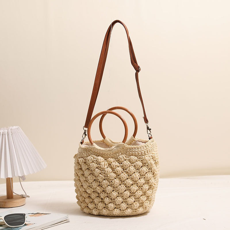 French-Style Cotton Crossbody Woven Bag  New Wooden Handle Tote with Zipper Closure for Beach, Vacation & Everyday Use