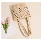 Raffia Straw Shoulder Bag  Minimal Solid-Color Hollow Woven Tote, Medium Open-Top Beach & Daily Handbag