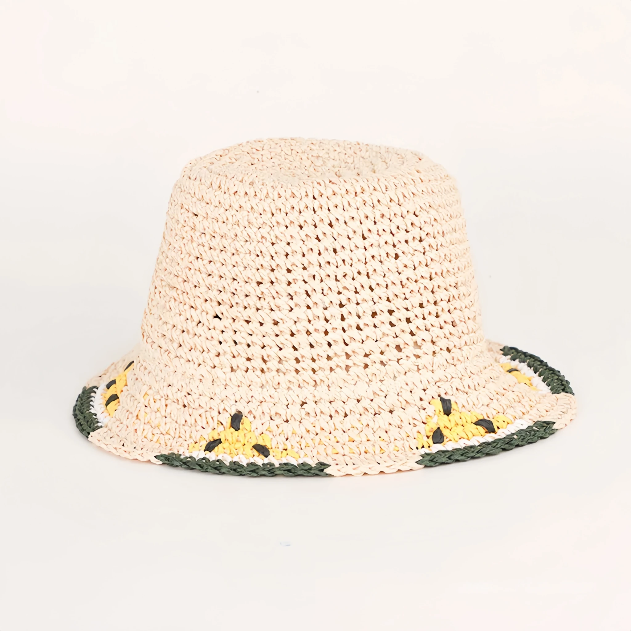 Kids Paper Straw Sun Hat 52cm | Wide Brim Summer Beach Bucket Hat with Watermelon Detail Main image