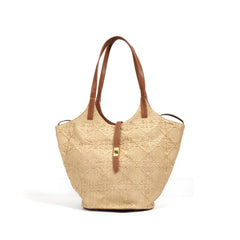 Large Capacity Straw Bucket Tote  PP Straw and Leather Commuter Shoulder Bag with Lock Closure, Casual Daily Handbag