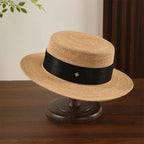 Handmade Silk Hemp Straw Hat with Ultra-Fine Crochet, Raffia Four-Leaf Clover Pendant, Flat Brim, Summer Sun Protection for Girls