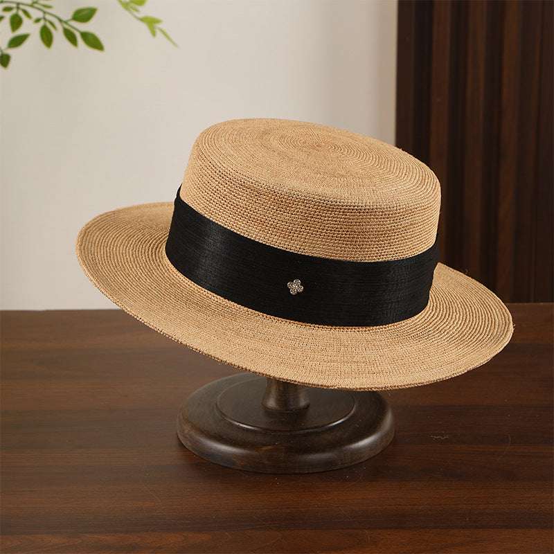 Handmade Silk Hemp Straw Hat with Ultra-Fine Crochet, Raffia Four-Leaf Clover Pendant, Flat Brim, Summer Sun Protection for Girls