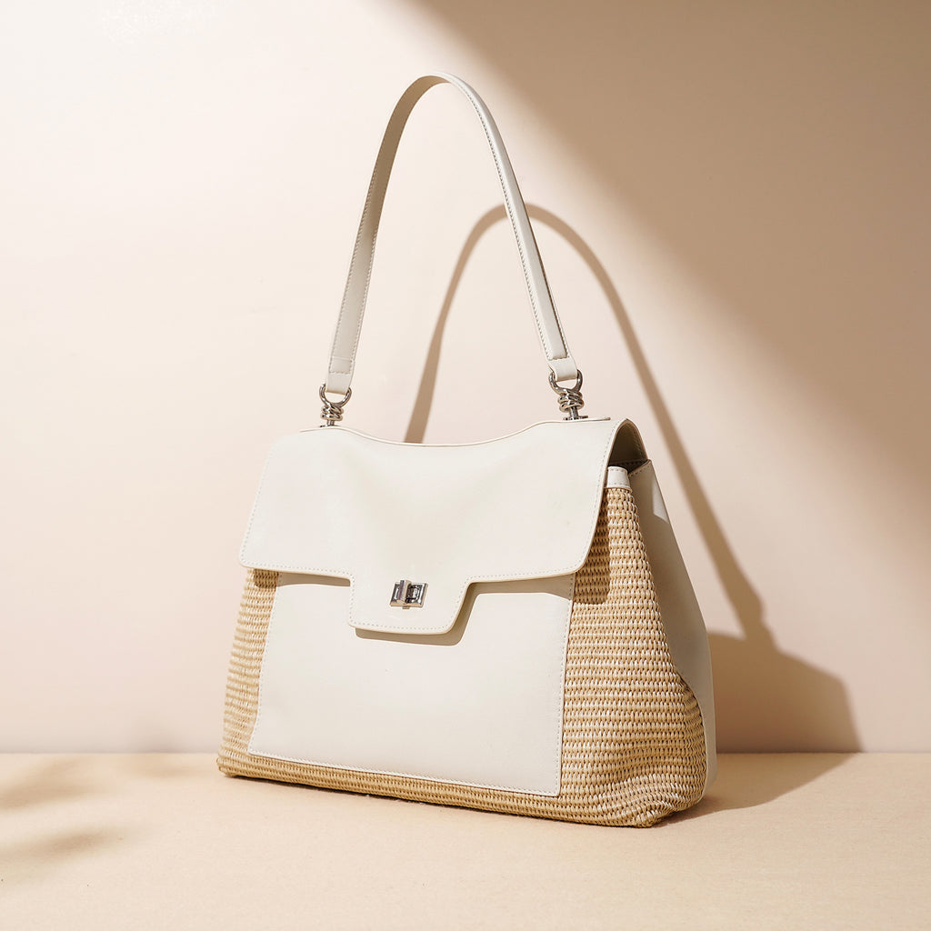 Leather Raffia Straw Tote Bag  Large Woven Shoulder & Crossbody Handbag with Lock Closure for Work and Casual