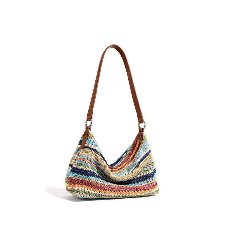 Rainbow Leather & Straw Shoulder Bag  Small and Large Woven Hobo with Zipper, PP Straw and Split Cowhide Crossbody