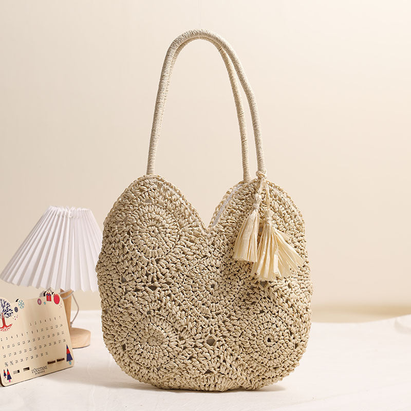 Hollow Tassel Straw Shoulder Bag  Medium Woven Tote with Zipper Closure, Handcrafted Paper Straw Beach & Daily Carry Bag
