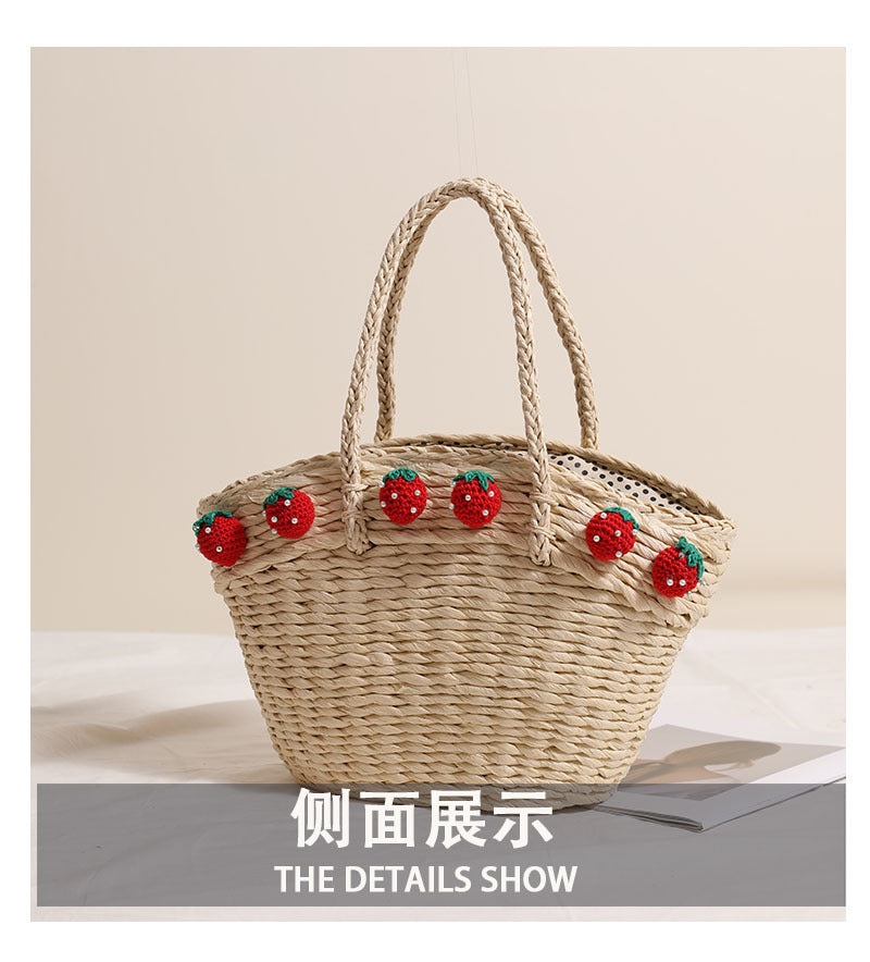 Cute Strawberry Woven Tote Basket  Handcrafted Paper Straw Shoulder Bag with Drawstring, Medium Daily & Beach Carry Bag