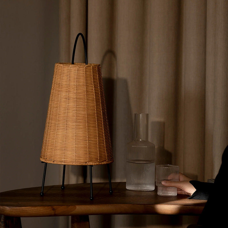 Handwoven Rattan Table Lamp  Nordic Style Ambient Light for Living Room, Bedroom & Boutique Spaces | Natural Wicker Lantern with Handle