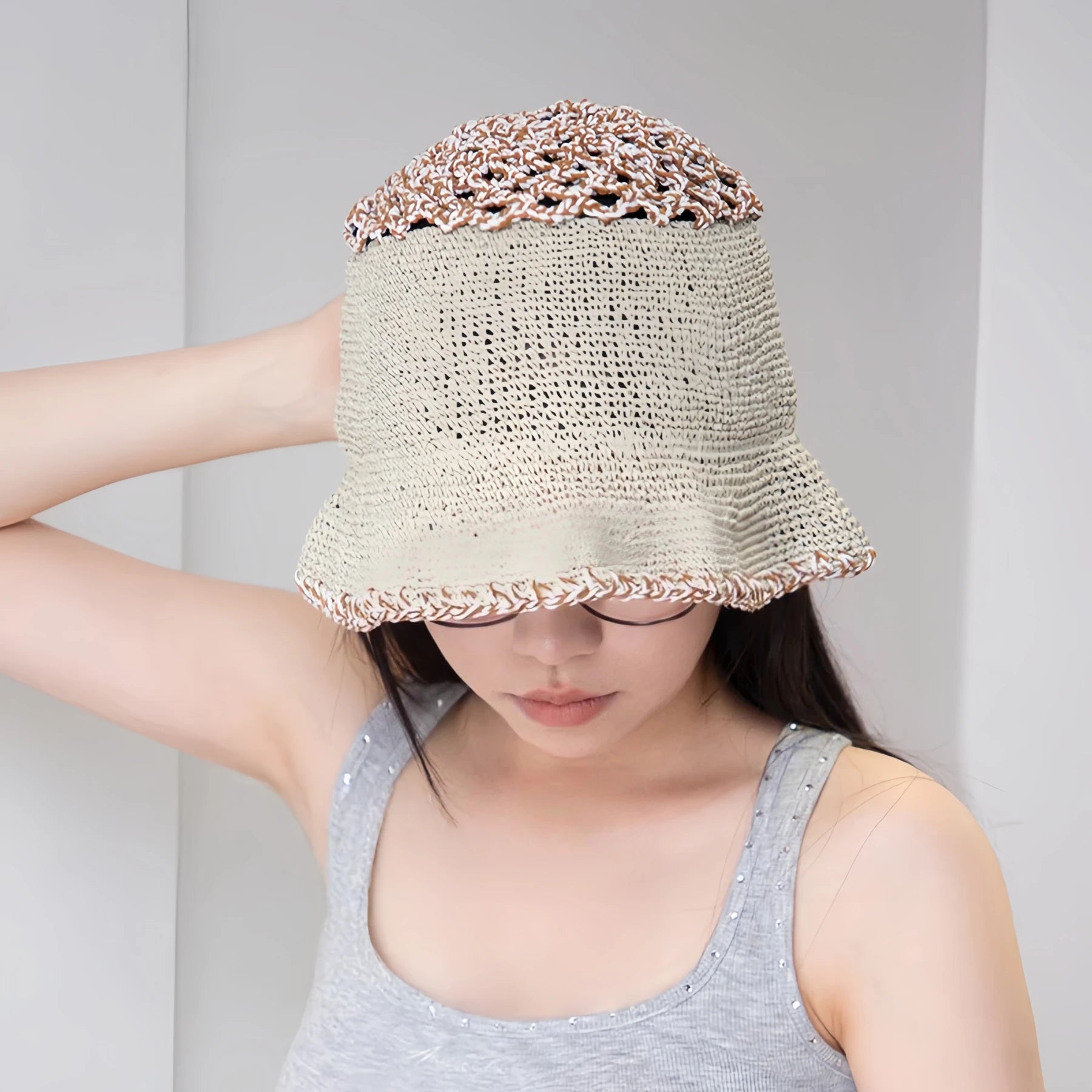 Korean Sweet Short Brim Straw Bucket Hat for Women, Handwoven Plant Fiber Sun Hat 5658cm