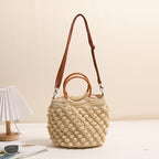 French-Style Cotton Crossbody Woven Bag  New Wooden Handle Tote with Zipper Closure for Beach, Vacation & Everyday Use