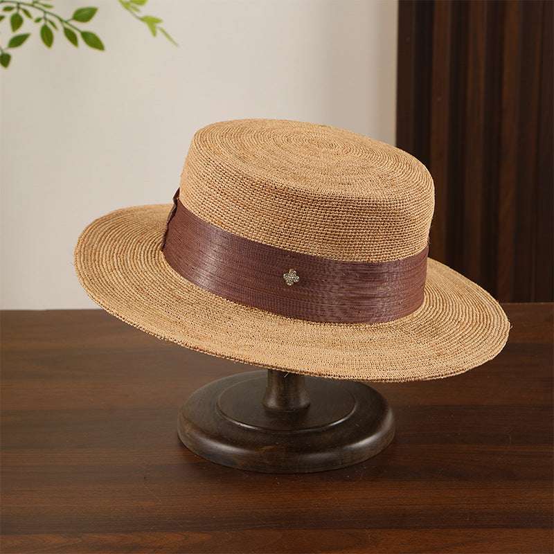 Handmade Silk Hemp Straw Hat with Ultra-Fine Crochet, Raffia Four-Leaf Clover Pendant, Flat Brim, Summer Sun Protection for Girls