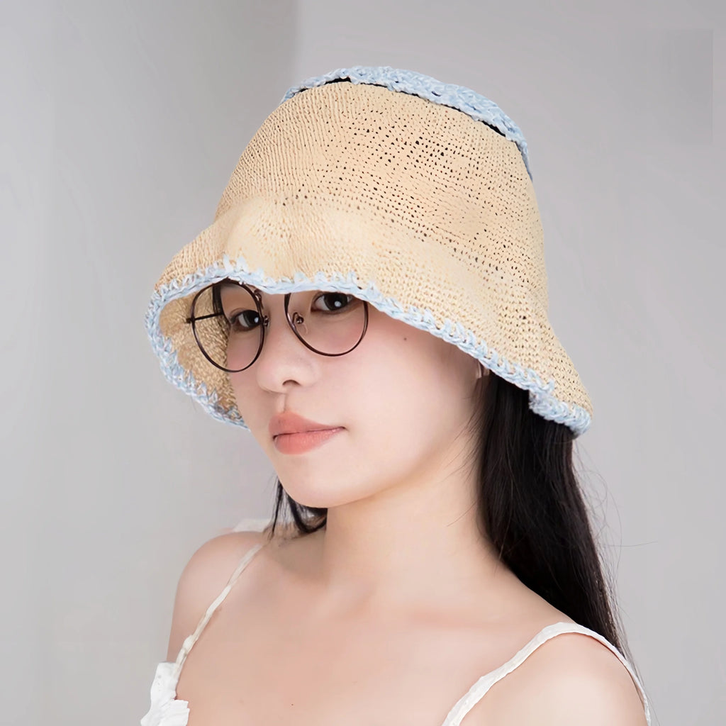 Korean Sweet Short Brim Straw Bucket Hat for Women, Handwoven Plant Fiber Sun Hat 5658cm