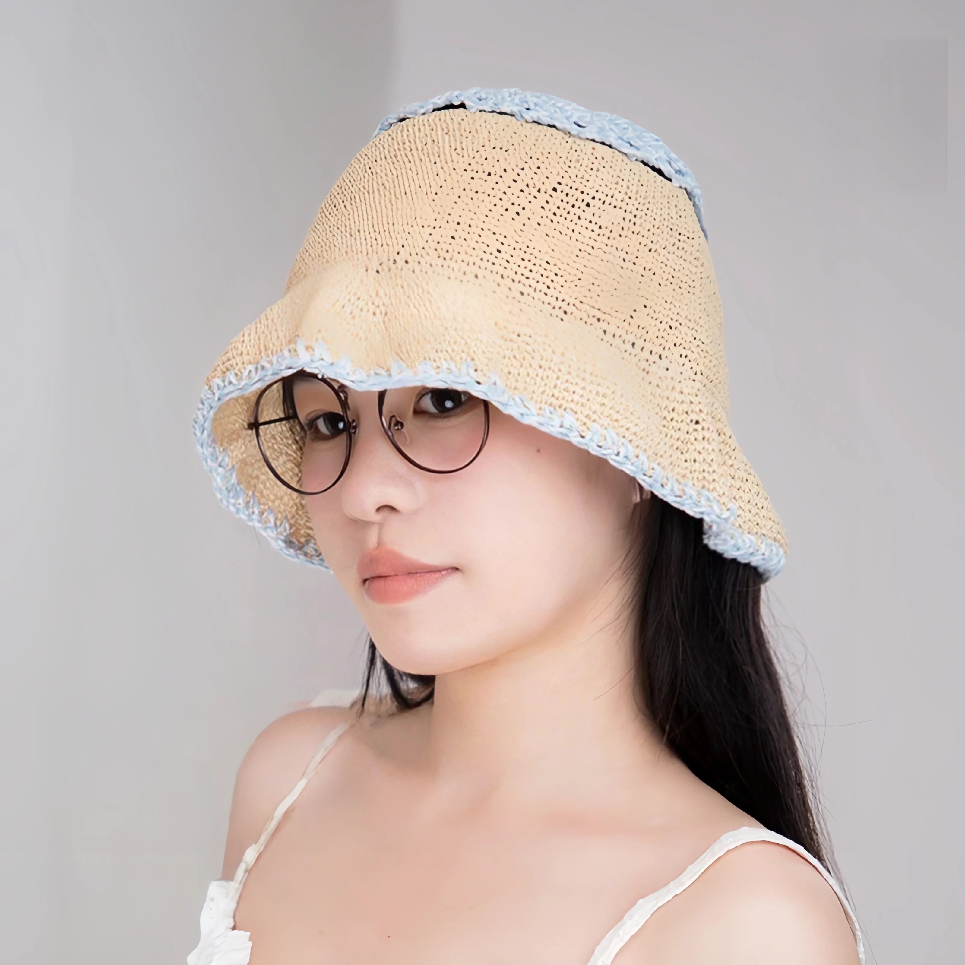 Korean Sweet Short Brim Straw Bucket Hat for Women, Handwoven Plant Fiber Sun Hat 5658cm Main image