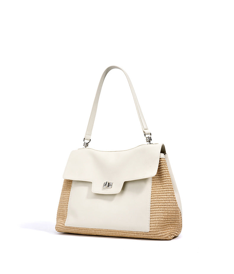 Leather Raffia Straw Tote Bag  Large Woven Shoulder & Crossbody Handbag with Lock Closure for Work and Casual