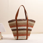 Fashionable Rainbow Stripe Woven Shoulder Bag  Large Capacity Handwoven Tote for Beach, Vacation & Everyday Use