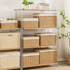 Lidded Paper Rope Woven Storage Baskets Set of 4  Closet Clothes & Misc Organizer Boxes with Washable Lining