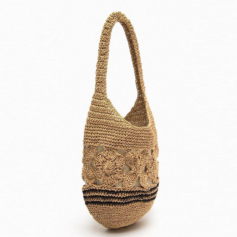 Hollow Floral Straw Shoulder Bag  Handcrafted Paper Woven Bucket Tote with Drawstring, Medium Summer Daily & Beach Bag