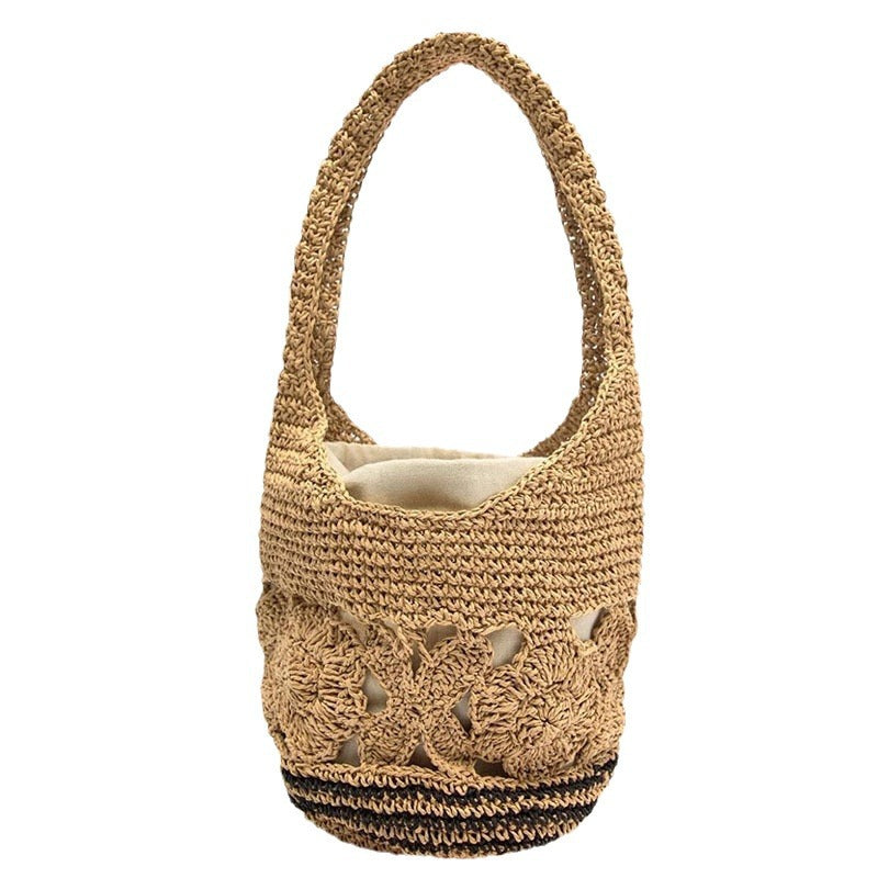 Hollow Floral Straw Shoulder Bag  Handcrafted Paper Woven Bucket Tote with Drawstring, Medium Summer Daily & Beach Bag