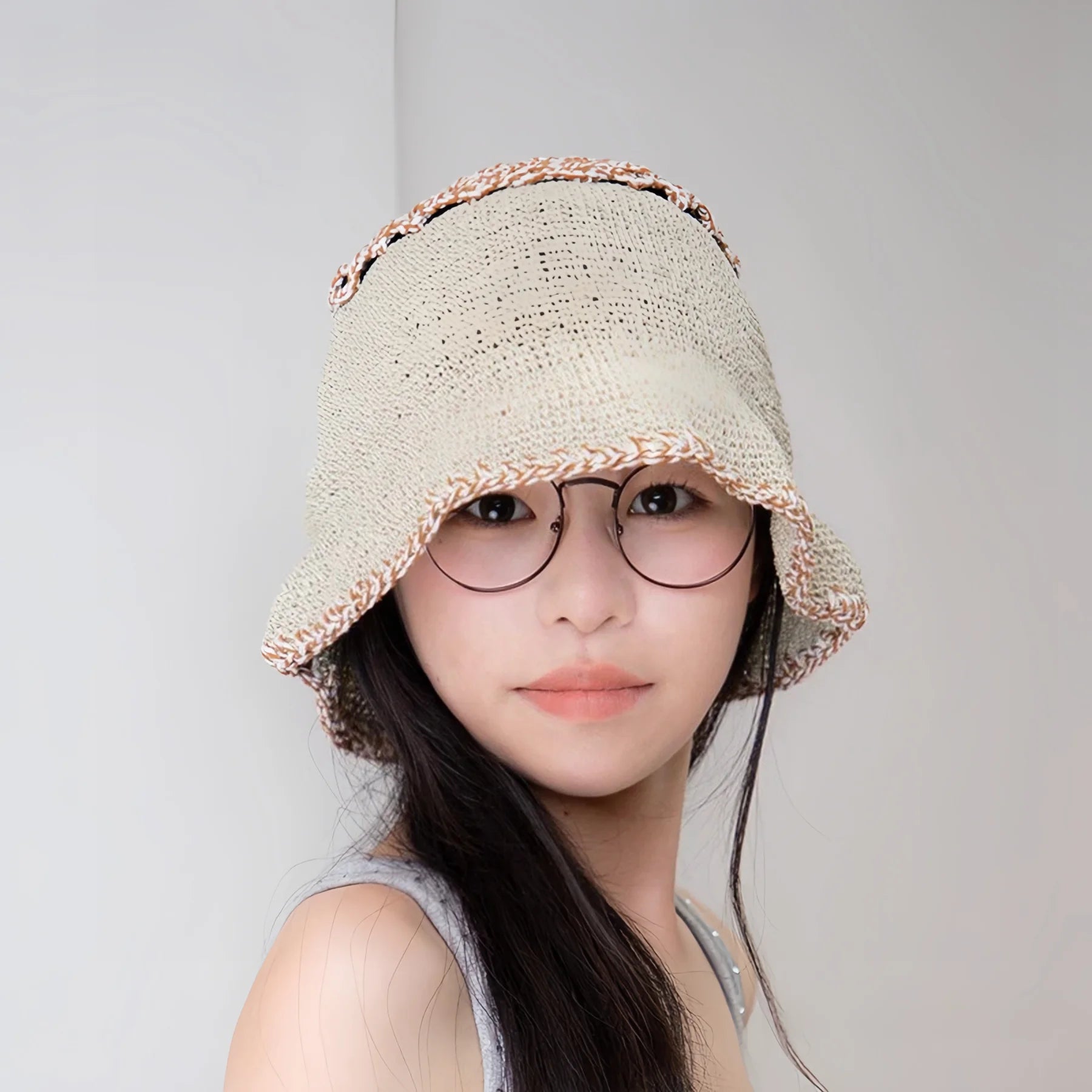 Korean Sweet Short Brim Straw Bucket Hat for Women, Handwoven Plant Fiber Sun Hat 5658cm