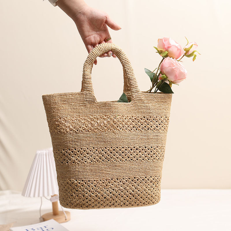 Premium Raffia Handheld Woven Bag  Large Capacity Hollow Weave Tote for Beach, Vacation & Everyday Use