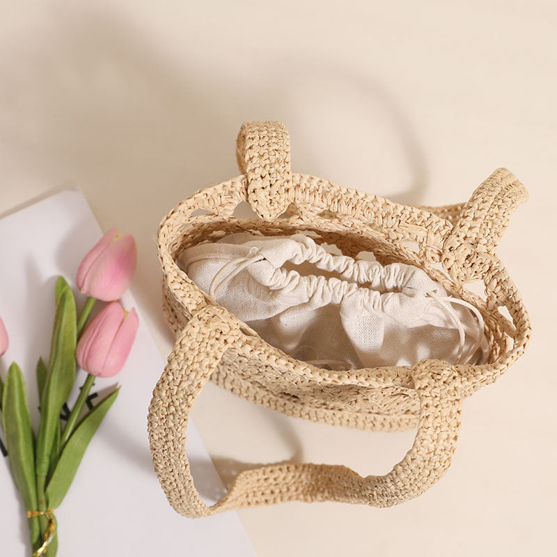 Raffia Straw Shoulder Bag  Minimal Solid-Color Hollow Woven Tote, Medium Open-Top Beach & Daily Handbag