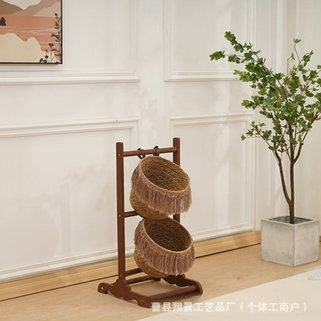 Wooden Tiered Rattan Storage Basket Stand  Handwoven Floor Organizer Rack for Living Room & Entryway