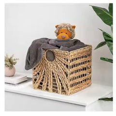 Square Natural Woven Storage Basket with Handles  Cube Wicker Organizer for Closet, Shelves & Living Room