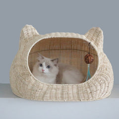 Washable Woven Cat Bed  Semi-Enclosed Rattan-Style Pet House with Cushion, All-Season Cozy Nest for Cats & Small Dogs