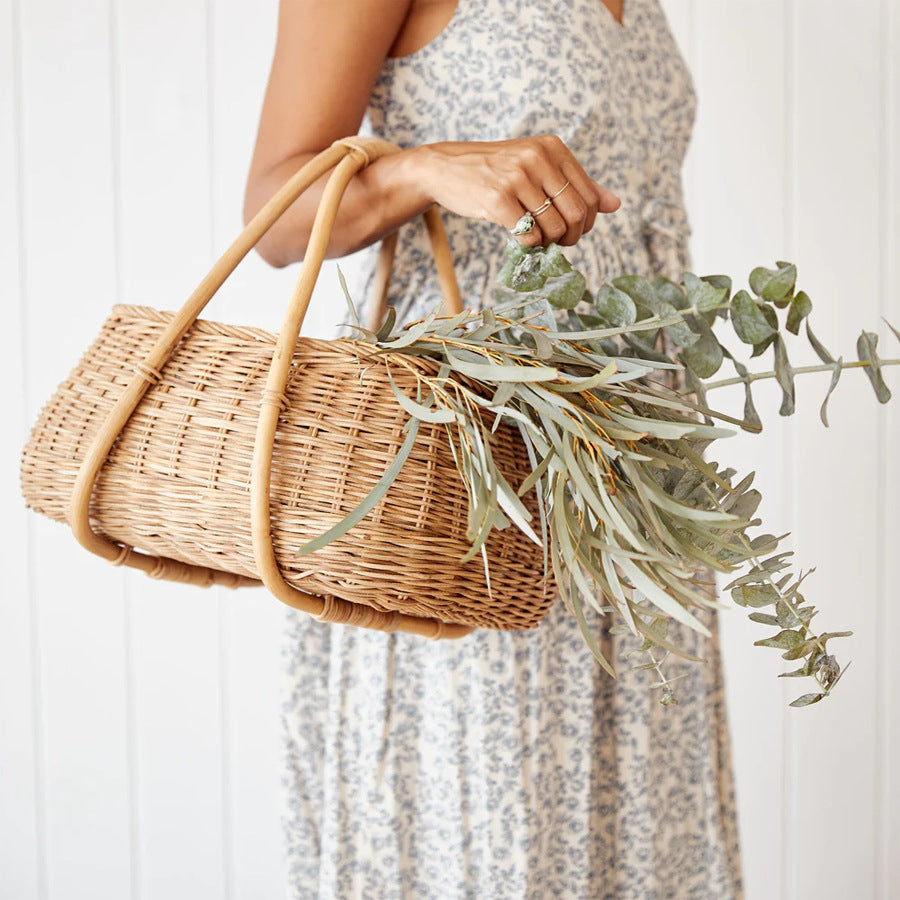 Nordic Handwoven Rattan Basket with Handle  Rectangular Wicker Picnic & Kitchen Storage 38cm