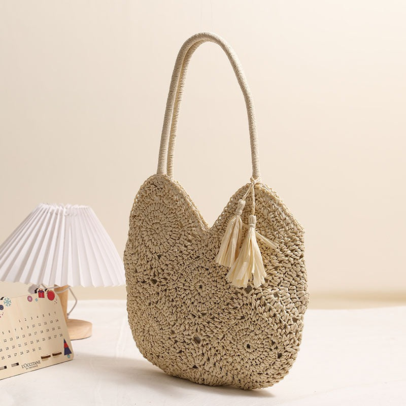 Hollow Tassel Straw Shoulder Bag  Medium Woven Tote with Zipper Closure, Handcrafted Paper Straw Beach & Daily Carry Bag