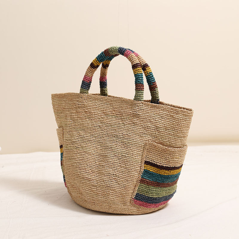 Premium Raffia Handheld Woven Bag  Large Colorful Beach Tote with External Pocket for Spring Vacation & Daily Use